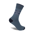 Gray crew socks with thin gray and white stripes and the text 'I Love Meetings About Meetings'.