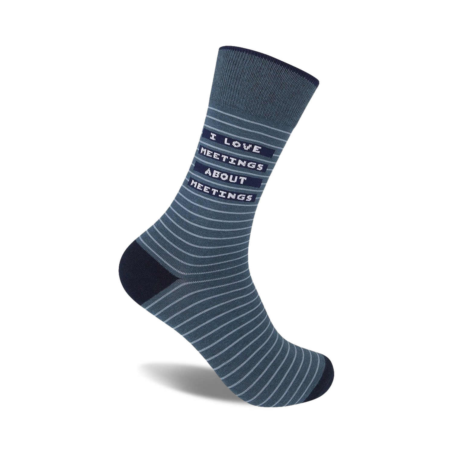 Gray crew socks with thin gray and white stripes and the text 'I Love Meetings About Meetings'.