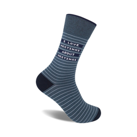 mens blue and gray striped crew socks with "i love meetings about meetings" in contrasting colors.   