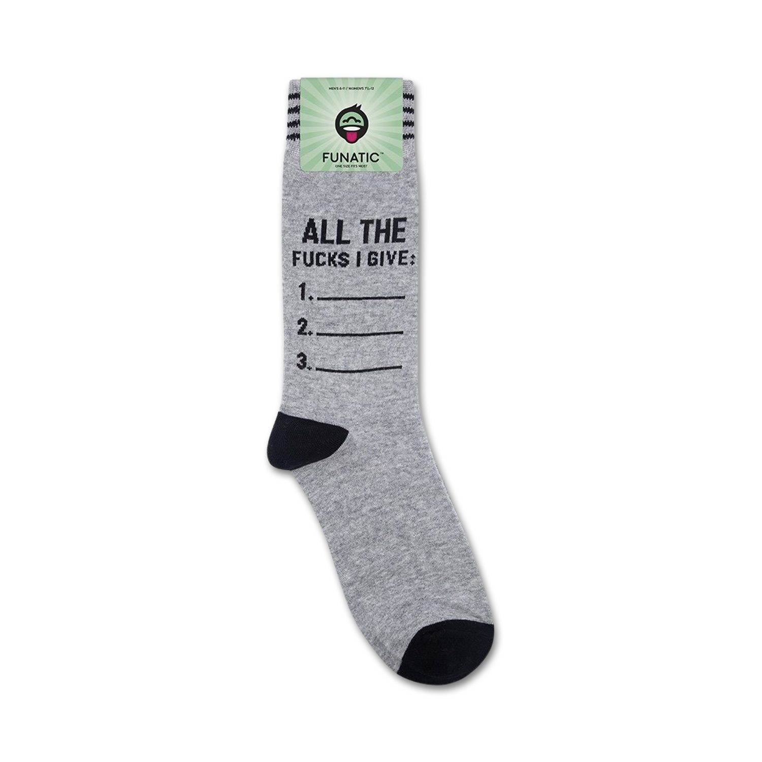 A lifestyle shot showing the socks on a foot. The grey and black color scheme is clearly visible. The text on the socks is legible.  