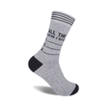 Grey crew socks with black stripes and the phrase 'All The Fucks I Give:' followed by a numbered list. Fun and sarcastic!