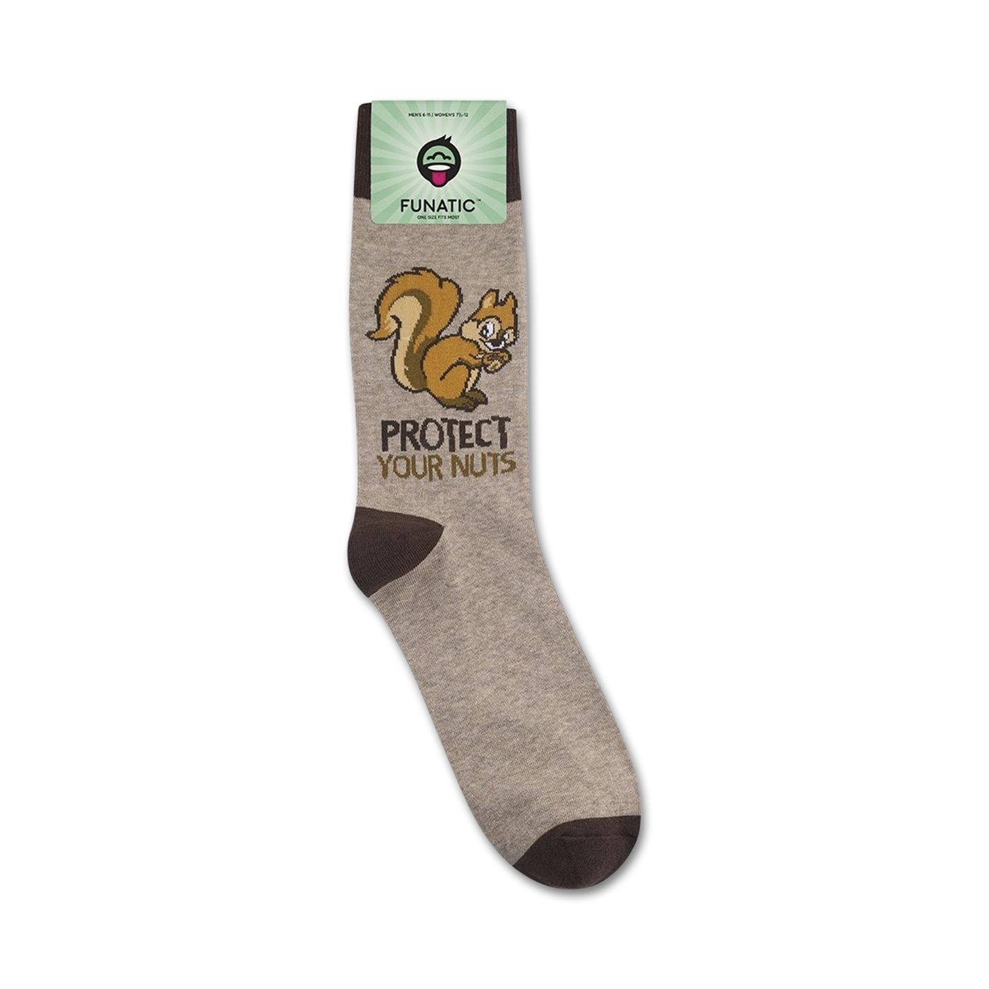 Product shot of 'Protect Your Nuts' socks on a white background, showing the sock packaging.