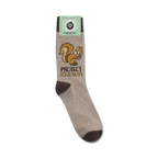Product shot of 'Protect Your Nuts' socks on a white background, showing the sock packaging.