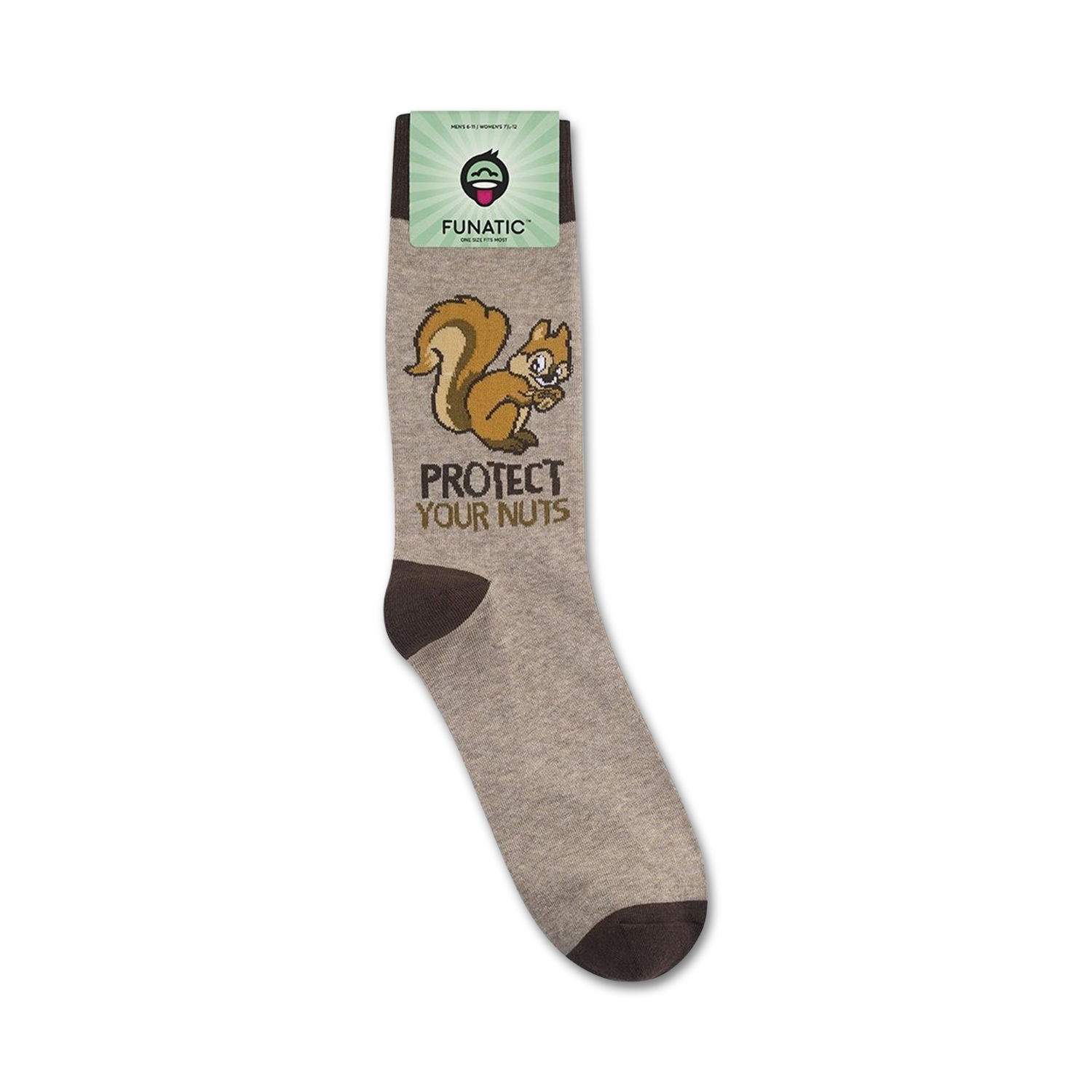 Product shot of 'Protect Your Nuts' socks on a white background, showing the sock packaging.