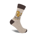 Beige crew socks with a brown cuff, featuring a cartoon squirrel and the text 'Protect Your Nuts'.