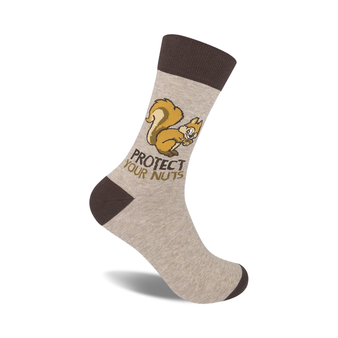 Beige crew socks with a brown cuff, featuring a cartoon squirrel and the text 'Protect Your Nuts'.