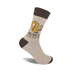 Beige crew socks with a brown cuff, featuring a cartoon squirrel and the text 'Protect Your Nuts'.