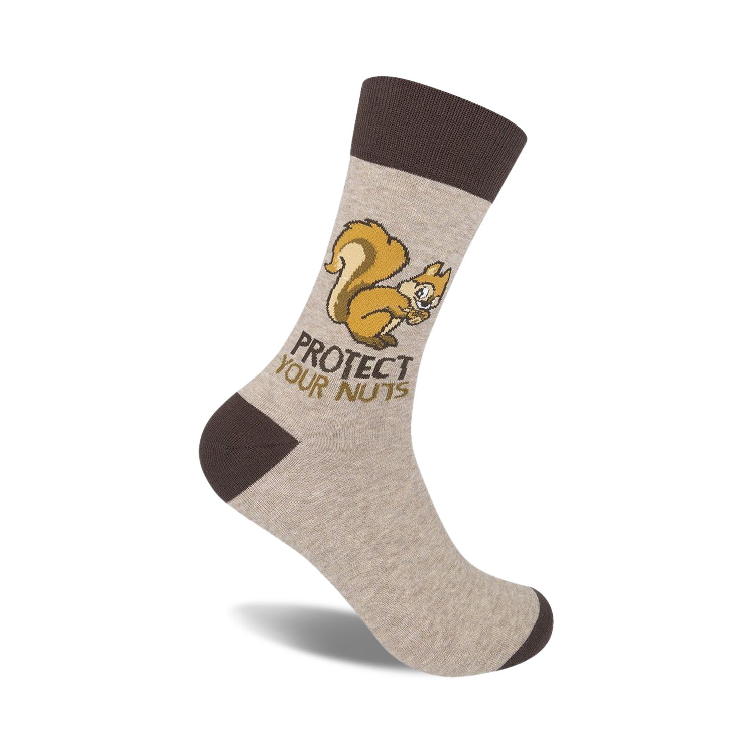 Beige crew socks with a brown cuff, featuring a cartoon squirrel and the text 'Protect Your Nuts'.