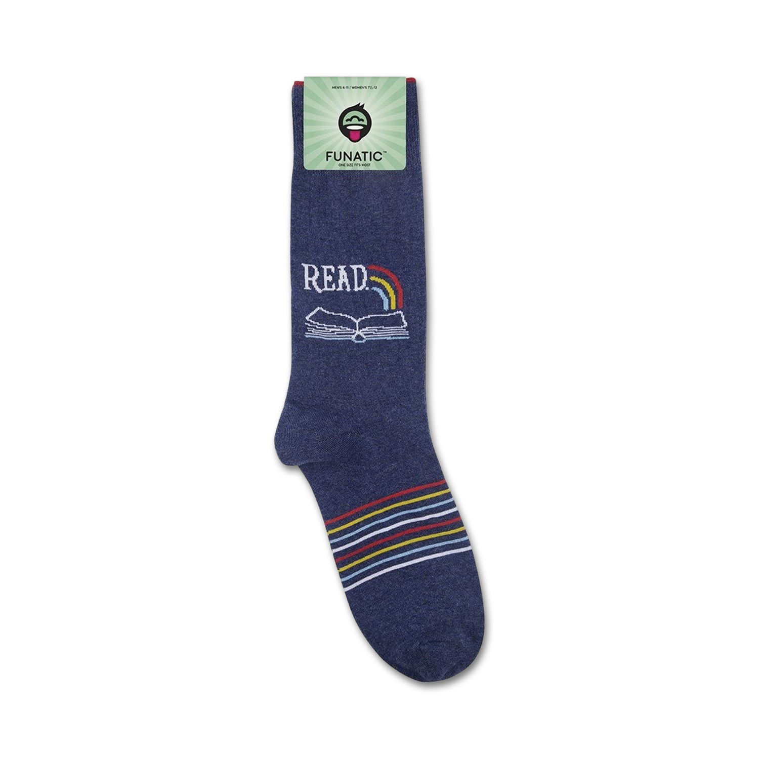 Product shot of 'Read' socks on a white background with packaging.