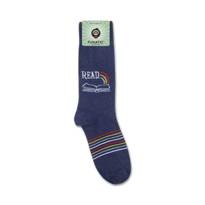 A pair of blue socks with the word 