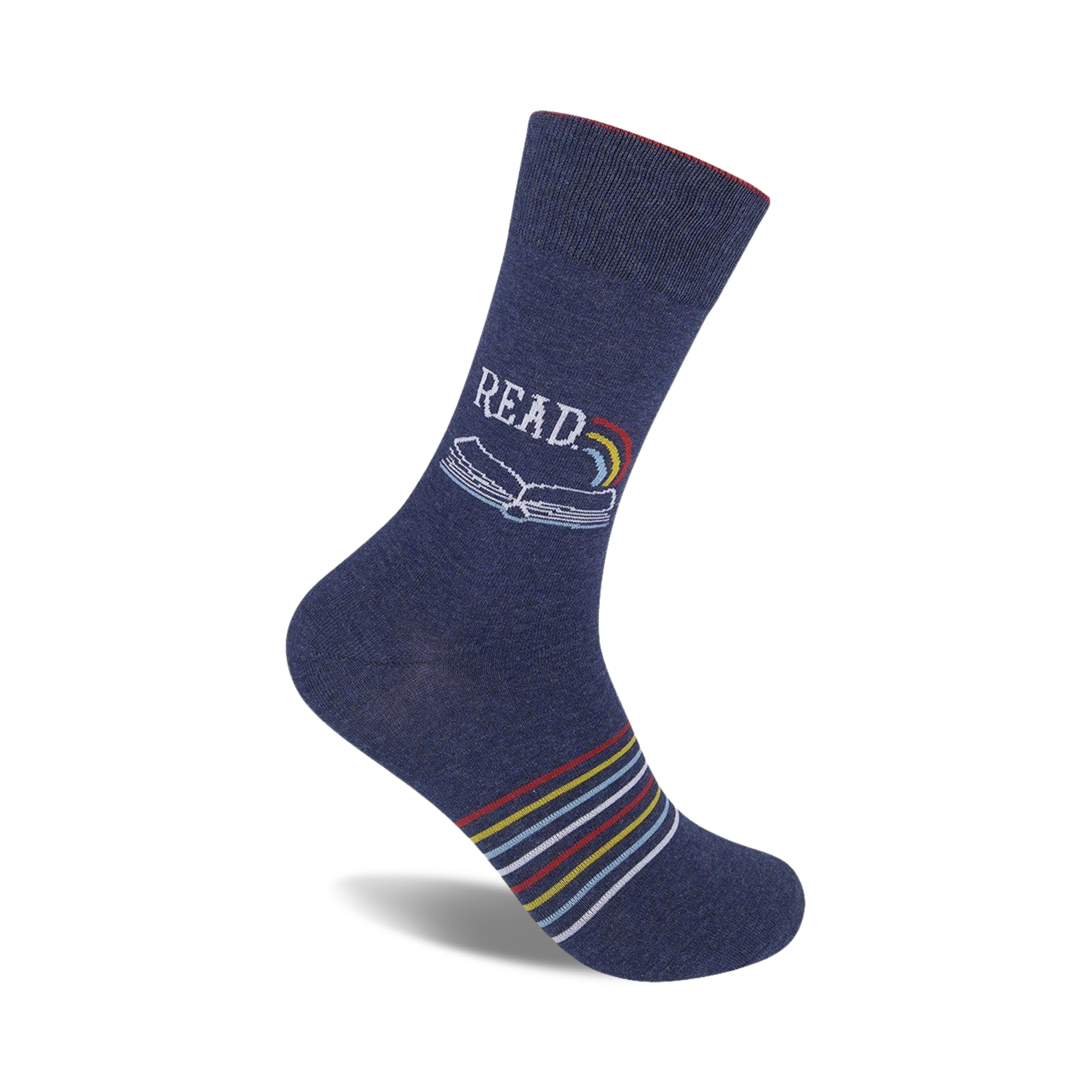 Navy blue crew socks with a colorful book and rainbow design and thin colorful stripes near the ankle.