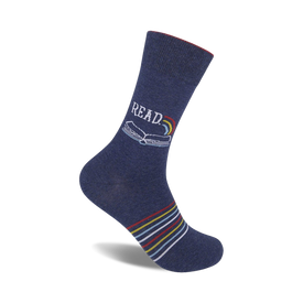 blue crew socks with the word "read" in white, rainbow, open book, flying bird design.   