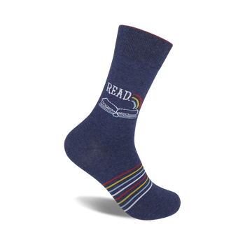 blue crew socks with the word "read" in white, rainbow, open book, flying bird design.   