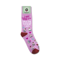 Lifestyle shot of 'Shut The Fuck Up Cakes' socks on a model's foot, showcasing the sock's full design and color.