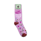 Lifestyle shot of 'Shut The Fuck Up Cakes' socks on a model's foot, showcasing the sock's full design and color.