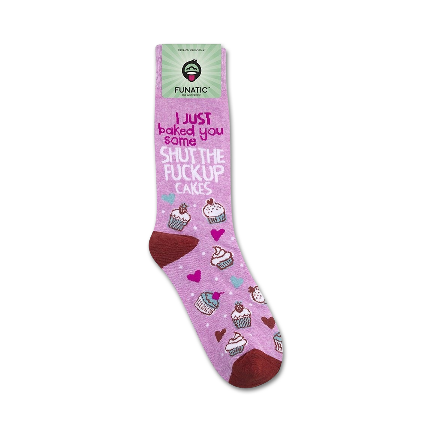 Lifestyle shot of 'Shut The Fuck Up Cakes' socks on a model's foot, showcasing the sock's full design and color.