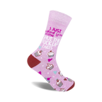 Lilac crew socks with a playful 'Shut The Fuck Up Cakes' slogan, pink cupcake illustrations, and maroon heel and toe.