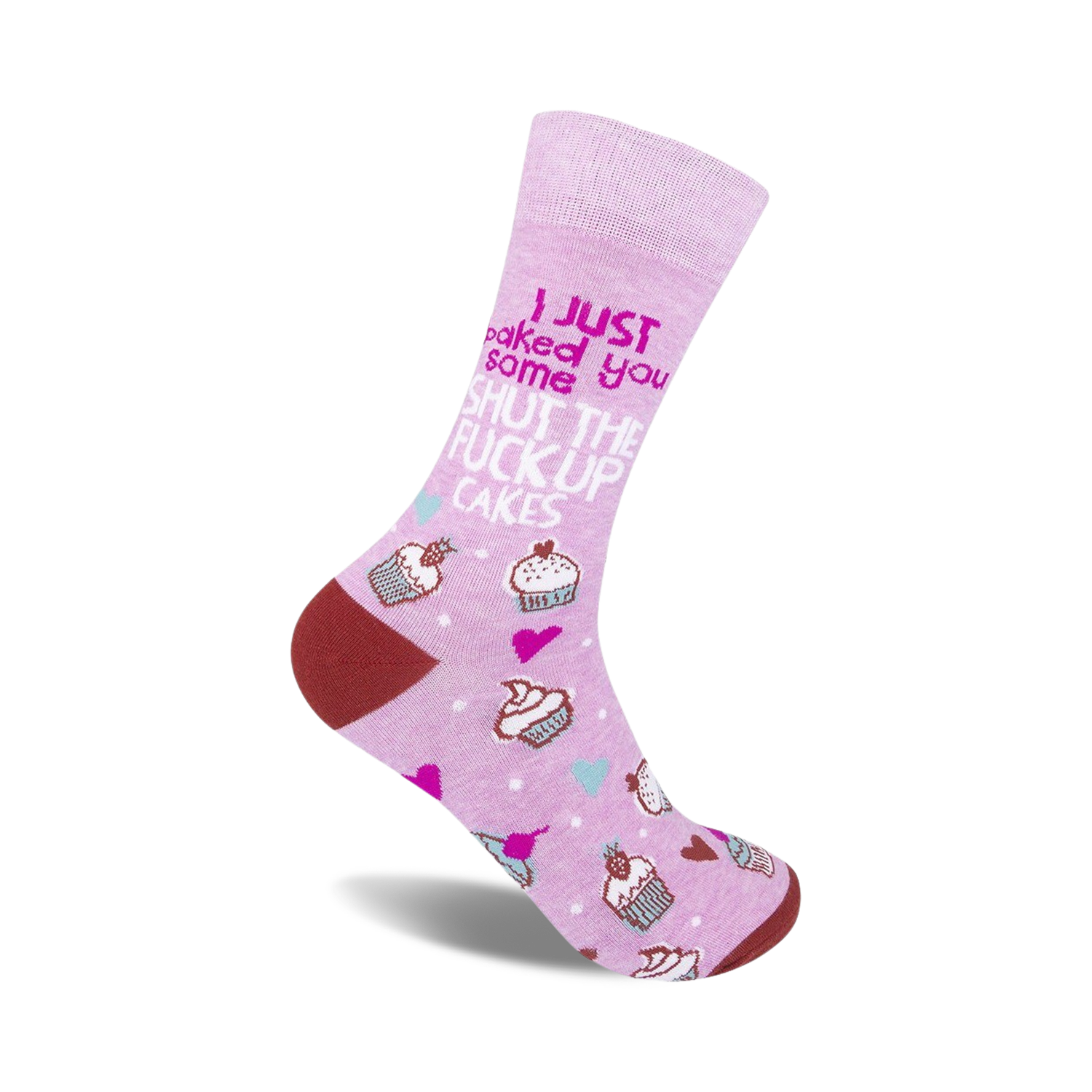 Lilac crew socks with a playful 'Shut The Fuck Up Cakes' slogan, pink cupcake illustrations, and maroon heel and toe.