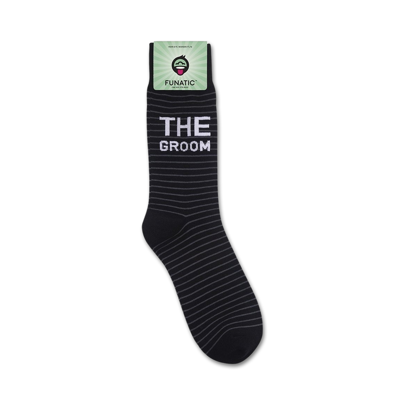A close-up view of 'The Groom' socks still on the store packaging.