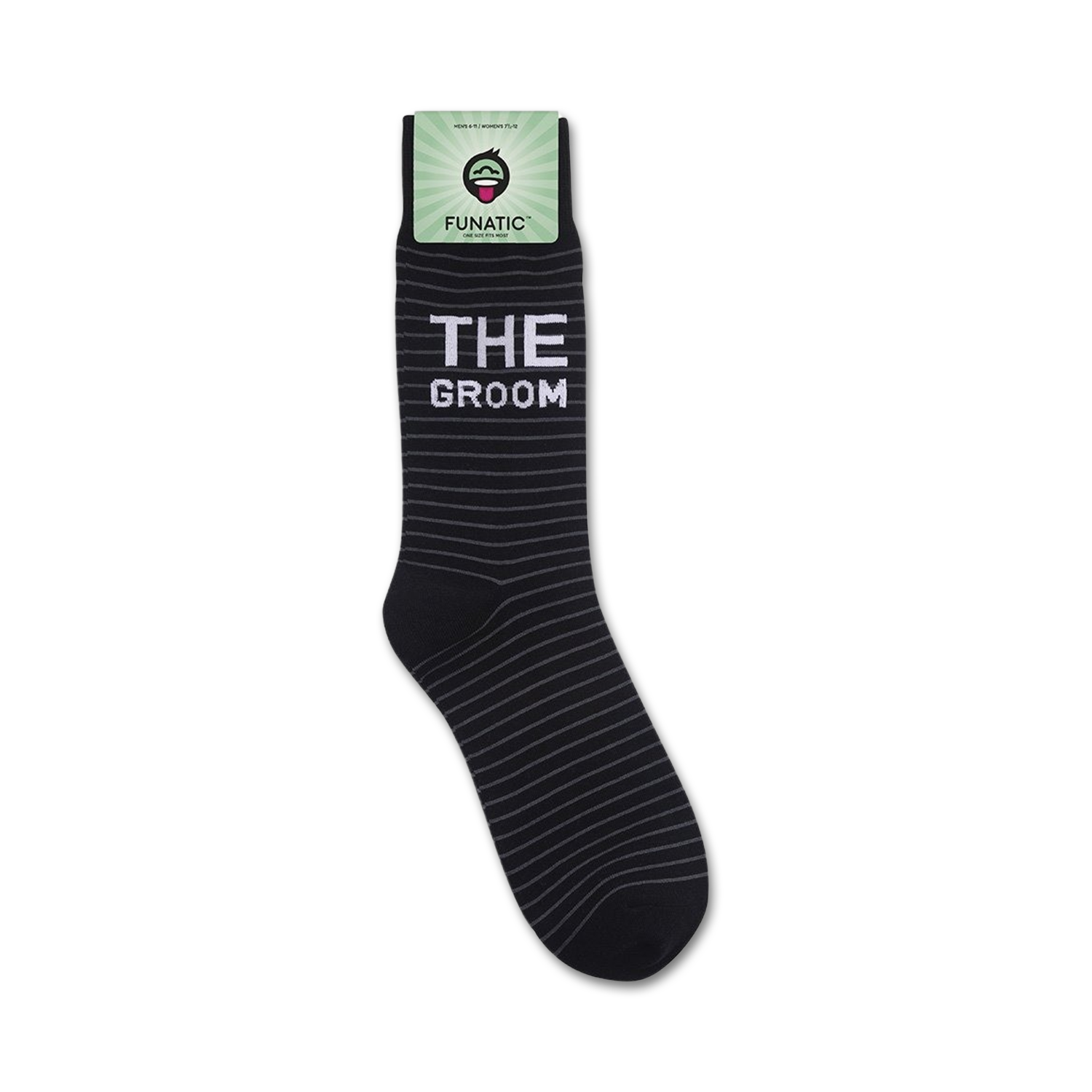 A close-up view of 'The Groom' socks still on the store packaging.
