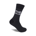 Black crew socks with thin grey stripes and 'THE GROOM' in white text.  A fun, stylish sock for weddings.