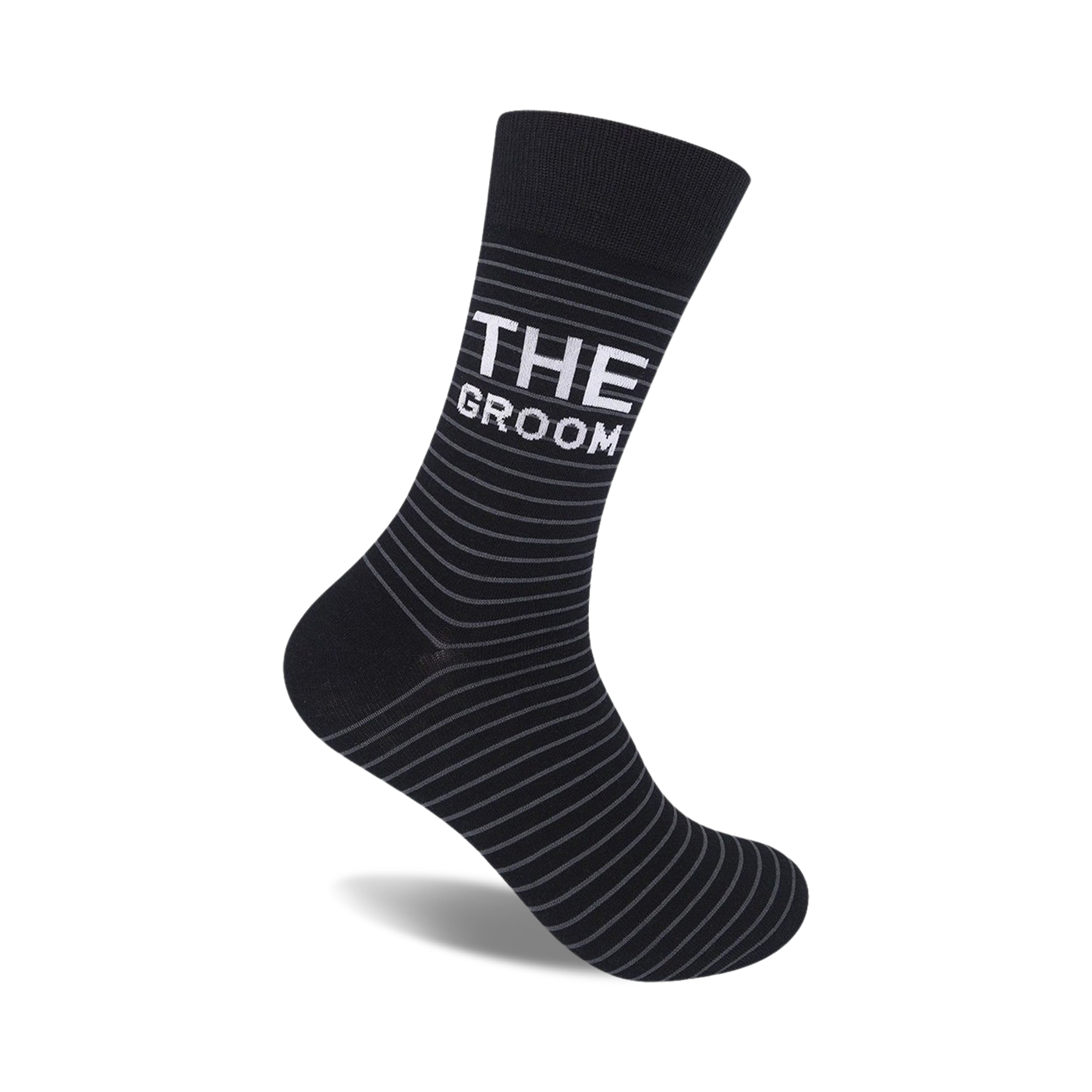 Black crew socks with thin grey stripes and 'THE GROOM' in white text.  A fun, stylish sock for weddings.