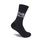 Black crew socks with thin grey stripes and 'THE GROOM' in white text.  A fun, stylish sock for weddings.