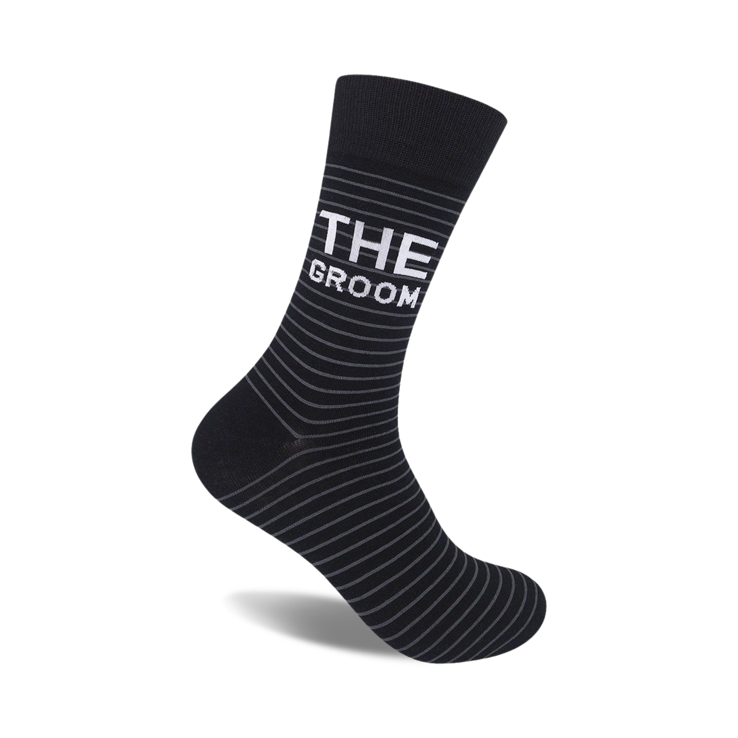 Black crew socks with thin grey stripes and 'THE GROOM' in white text.  A fun, stylish sock for weddings.