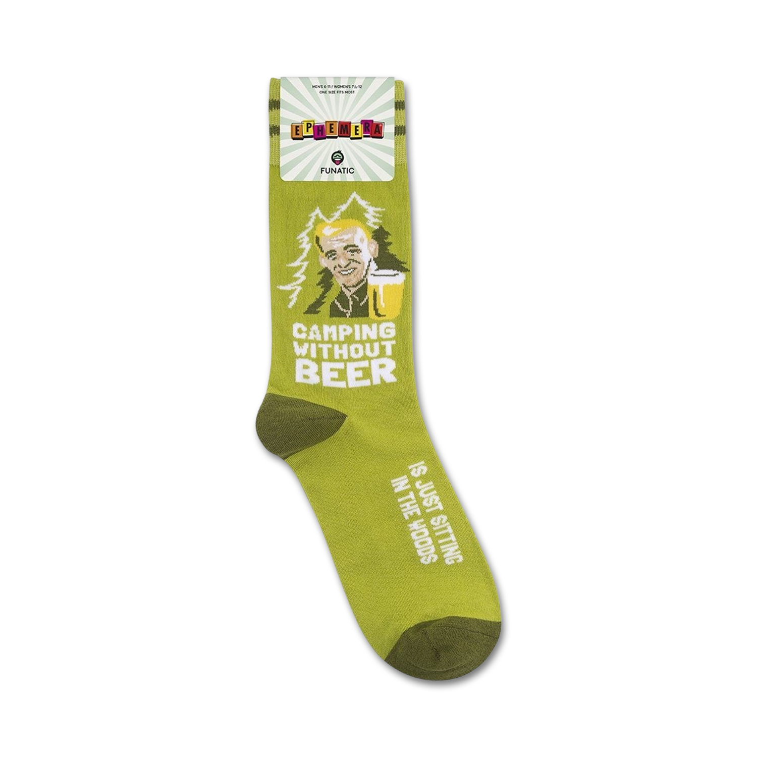 Product shot of 'Camping Without Beer' socks on a white background showing packaging details.