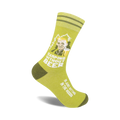 Olive green crew socks with a cartoon of a man drinking beer and the text 'Camping Without Beer'.  Features olive green stripes near the cuff.