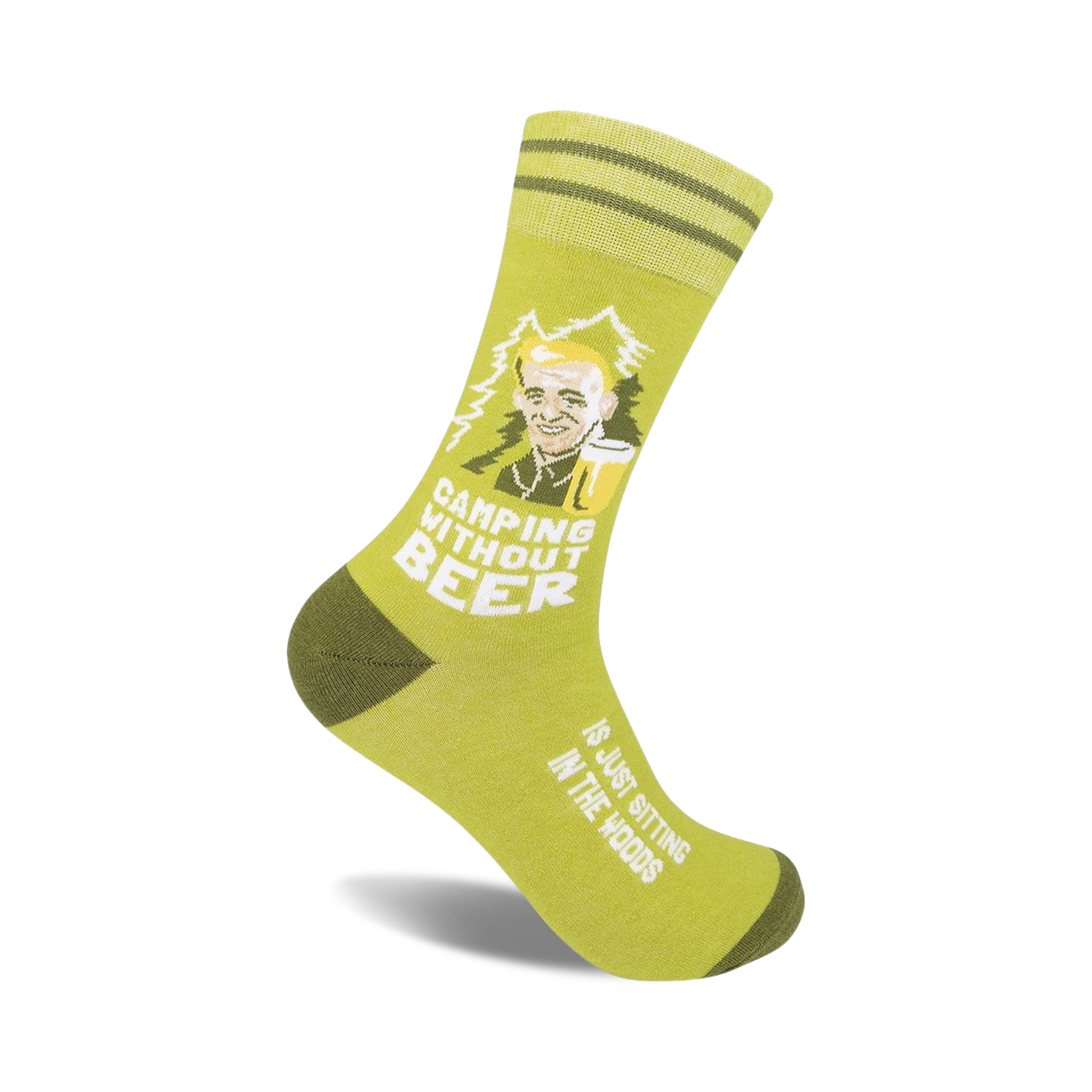 Olive green crew socks with a cartoon of a man drinking beer and the text 'Camping Without Beer'.  Features olive green stripes near the cuff.