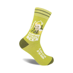 Olive green crew socks with a cartoon of a man drinking beer and the text 'Camping Without Beer'.  Features olive green stripes near the cuff.