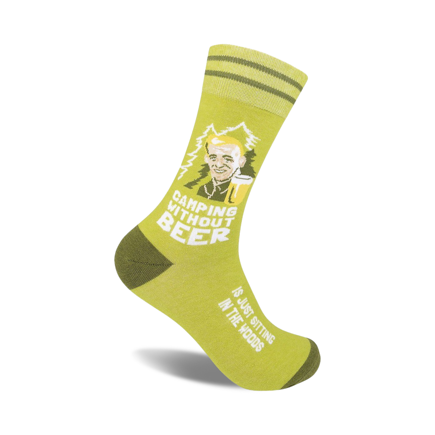Olive green crew socks with a cartoon of a man drinking beer and the text 'Camping Without Beer'.  Features olive green stripes near the cuff.