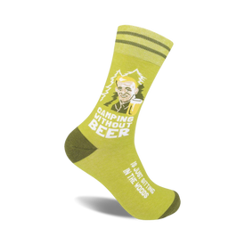  camping crew socks for men with a graphic of a bald man drinking a beer and the text "camping without beer...is just sitting in the woods".  