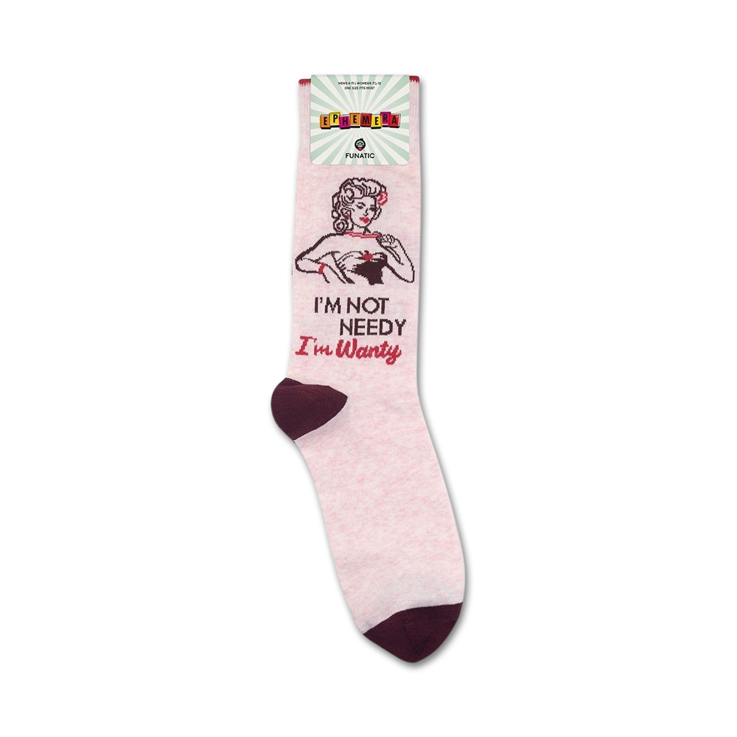 Lifestyle shot showing the 'I'm Not Needy I'm Wanty' socks on a model's feet, highlighting the sock's fit and design in a real-life setting.