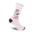 Cream-colored crew socks with a maroon cuff, showcasing a vintage pin-up girl graphic and the text 'I'm Not Needy I'm Wanty'.