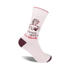 Cream-colored crew socks with a maroon cuff, showcasing a vintage pin-up girl graphic and the text 'I'm Not Needy I'm Wanty'.