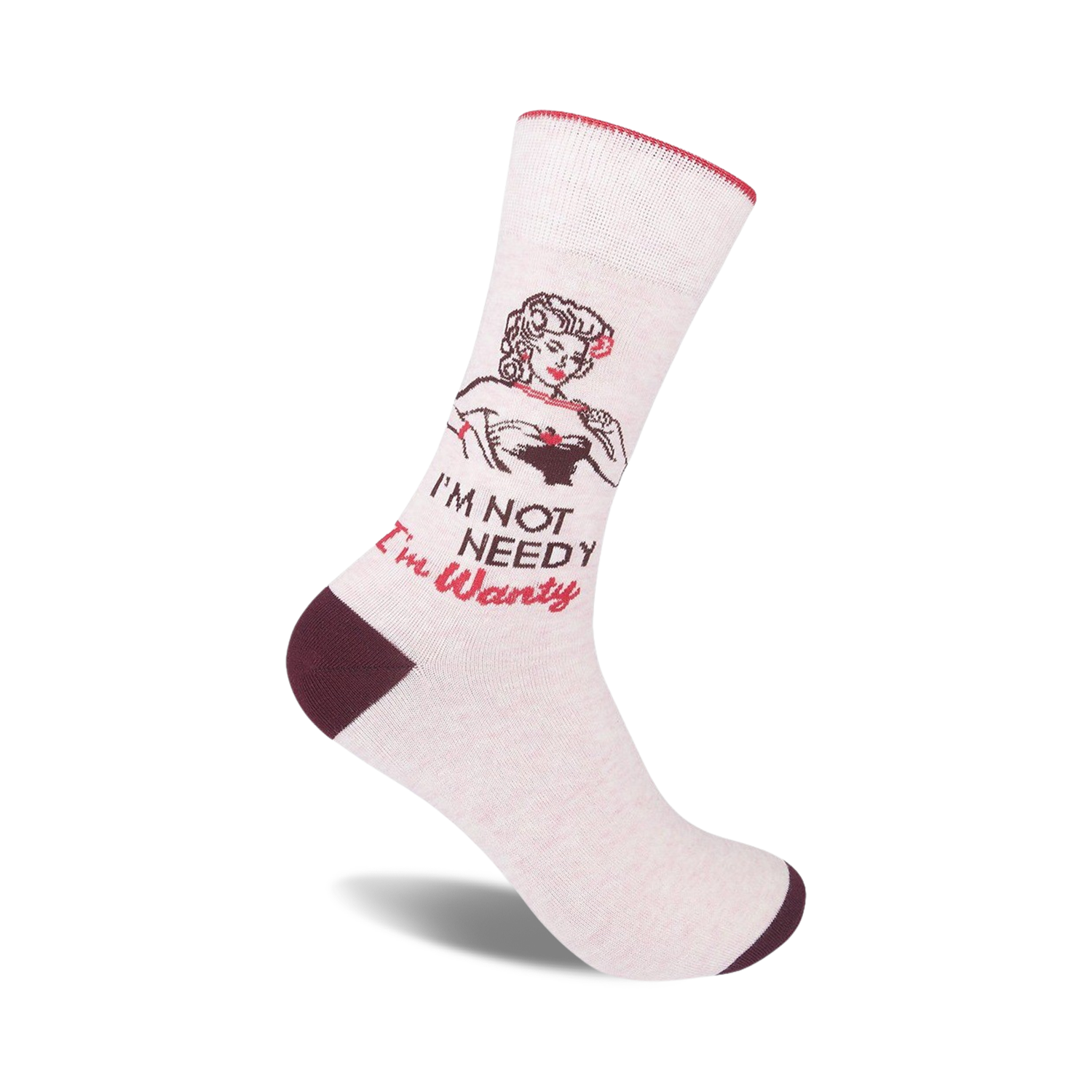 Cream-colored crew socks with a maroon cuff, showcasing a vintage pin-up girl graphic and the text 'I'm Not Needy I'm Wanty'.