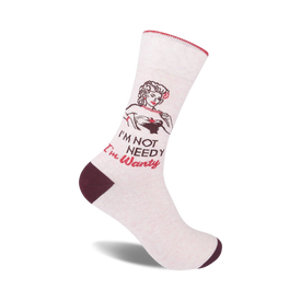 white crew socks with a smiling woman in a red bikini and the words "i'm not needy...i'm wanty" written in red and brown letters.  