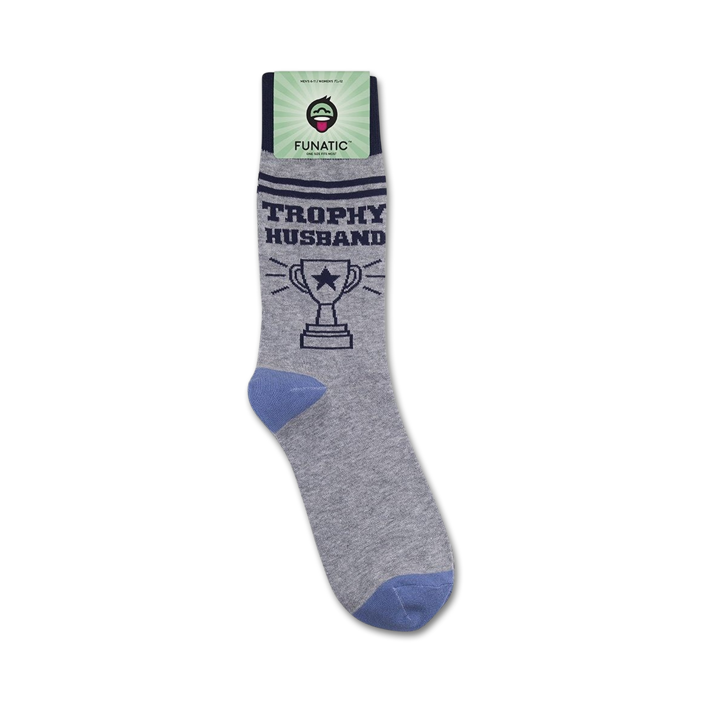 Trophy Husband socks shown on their packaging.