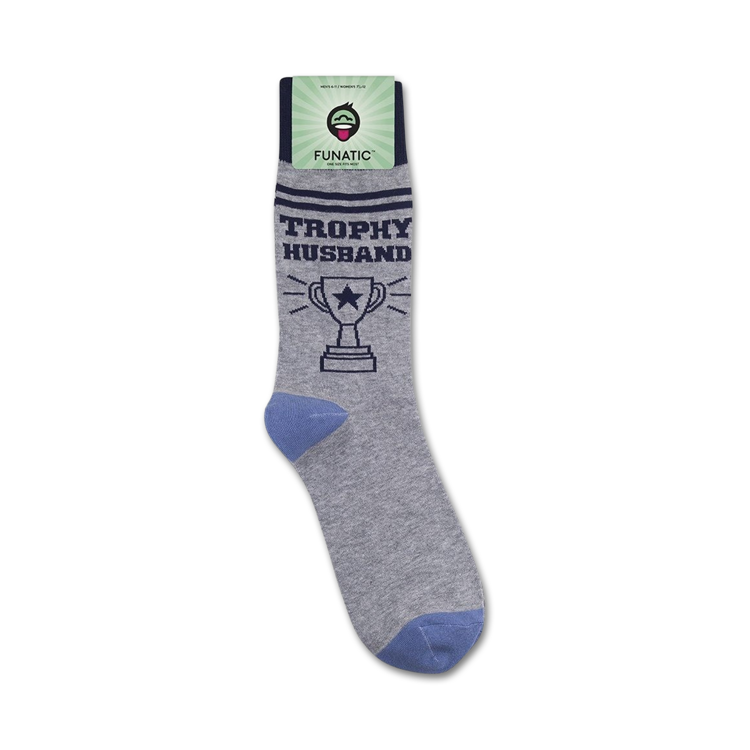 Trophy Husband socks shown on their packaging.