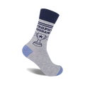 Grey crew socks with navy blue lettering reading 'Trophy Husband' and a trophy graphic.  Light blue heel and toe.