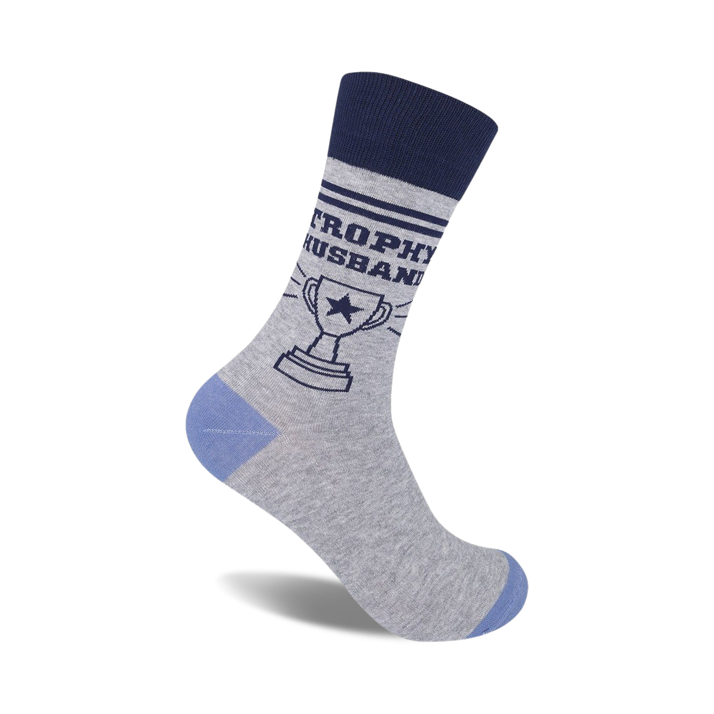 Grey crew socks with navy blue lettering reading 'Trophy Husband' and a trophy graphic.  Light blue heel and toe.