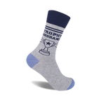 Grey crew socks with navy blue lettering reading 'Trophy Husband' and a trophy graphic.  Light blue heel and toe.