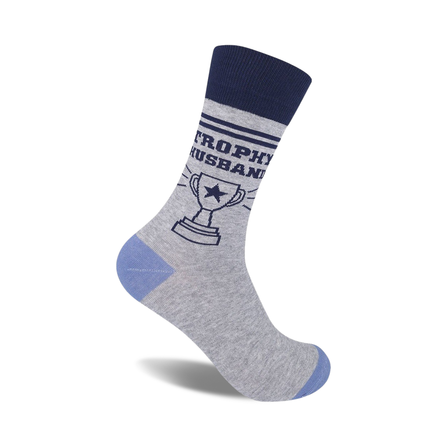 Grey crew socks with navy blue lettering reading 'Trophy Husband' and a trophy graphic.  Light blue heel and toe.