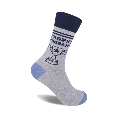 "trophy husband" crew socks in blue and gray. goes well with house shoes, slippers, sneakers, and loafers. funny novelty socks.  