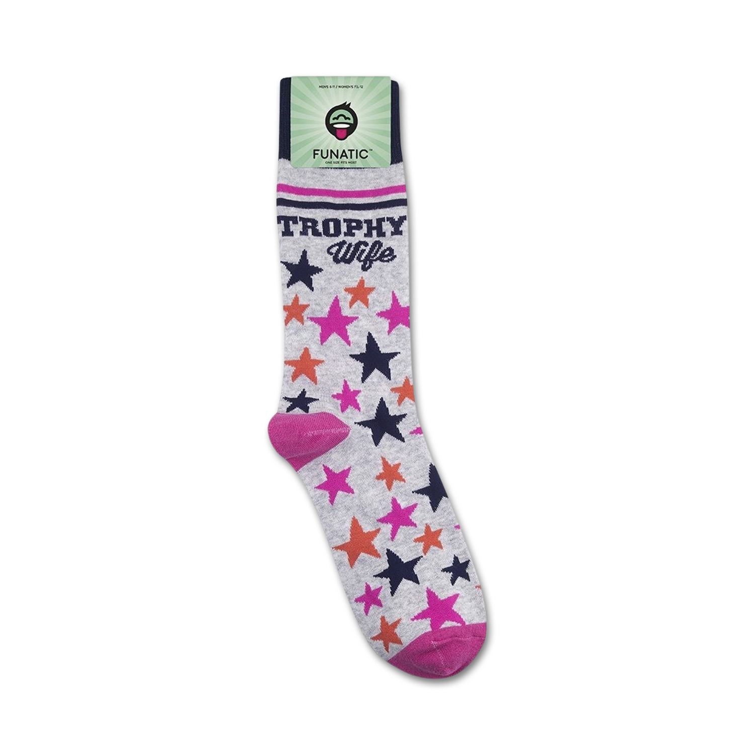 Trophy Wife socks shown on their packaging, ready to be gifted.