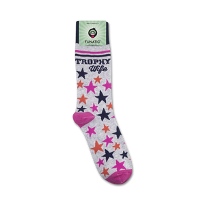 A pair of gray socks with a pink toe, heel, and cuff. The socks are covered in trophy and star graphics in shades of blue, orange, and pink. The socks are displayed on a white background.