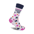 A single grey crew sock with navy, pink, and orange stars and the words 'Trophy Wife' printed on the side.