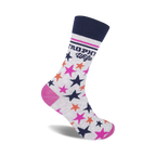 A single grey crew sock with navy, pink, and orange stars and the words 'Trophy Wife' printed on the side.